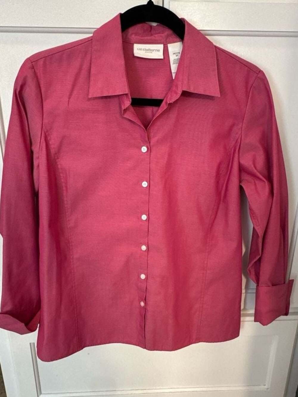 Liz Claiborne Petite Hot Pink Button Down 100% Cotton Long Sleeve Blouse Size 8P